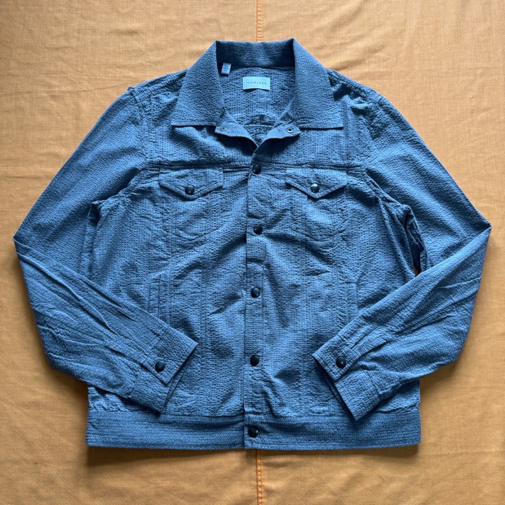 Nominee Blue Seersucker Trucker Jacket Made in Italy Cotton Mens Medium